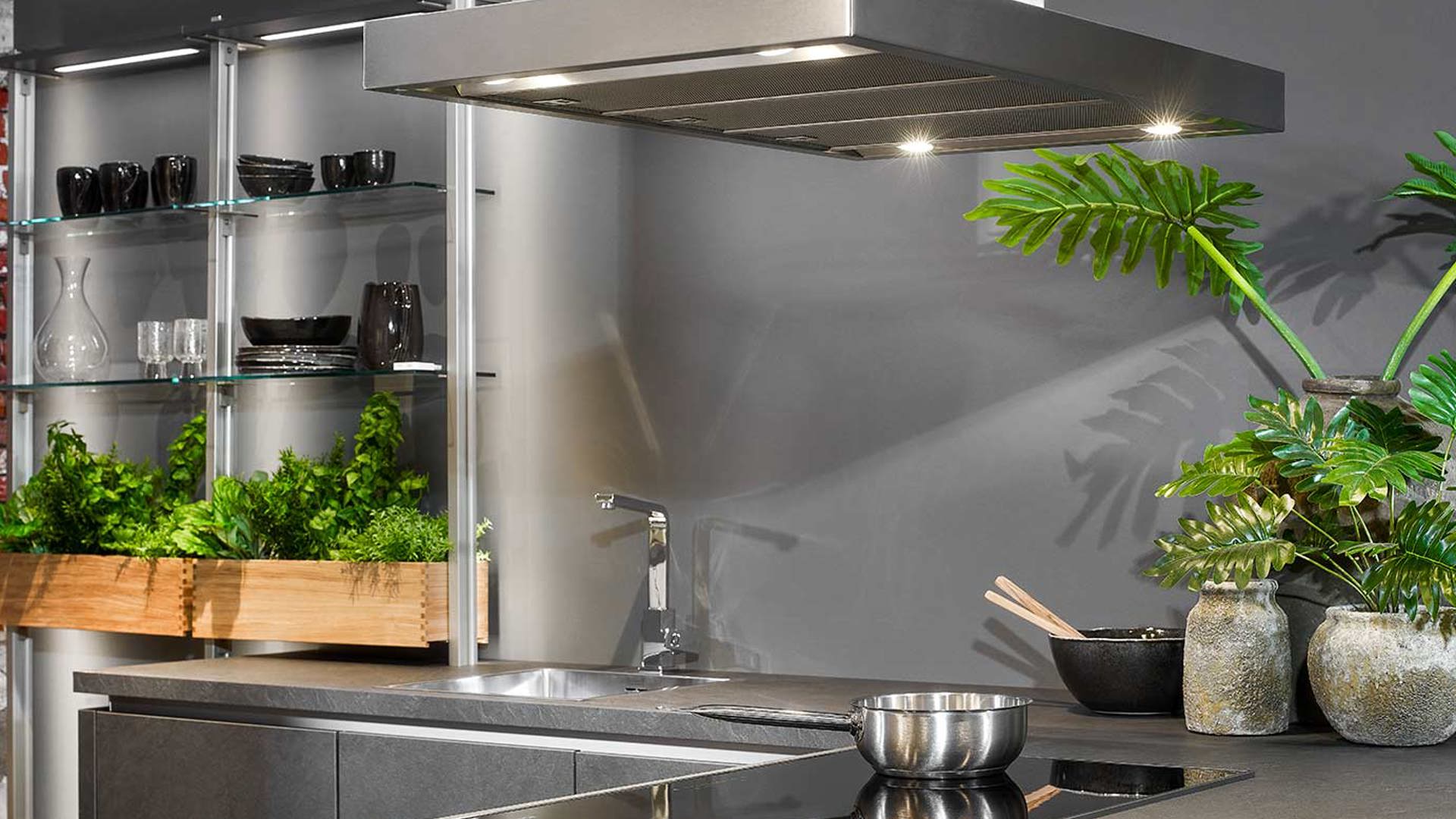 Compacte luxe keuken, inductiekookplaat en afzuigkap