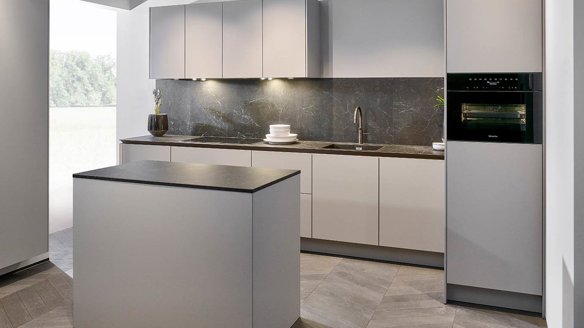 SieMatic SLX hoekkeuken met eiland in de kleur grijs