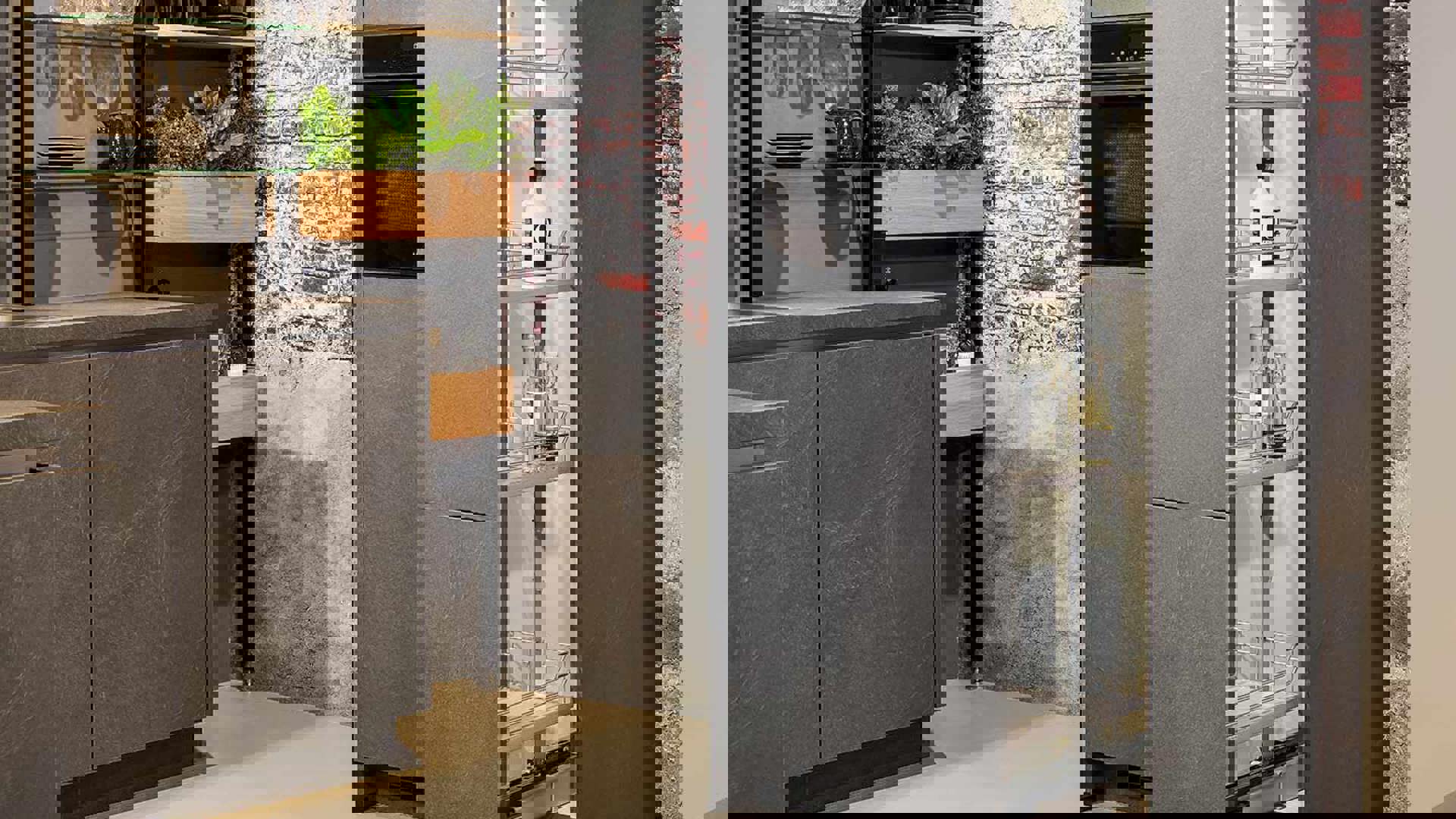 Moderne grijze hoekkeuken, apothekerskast