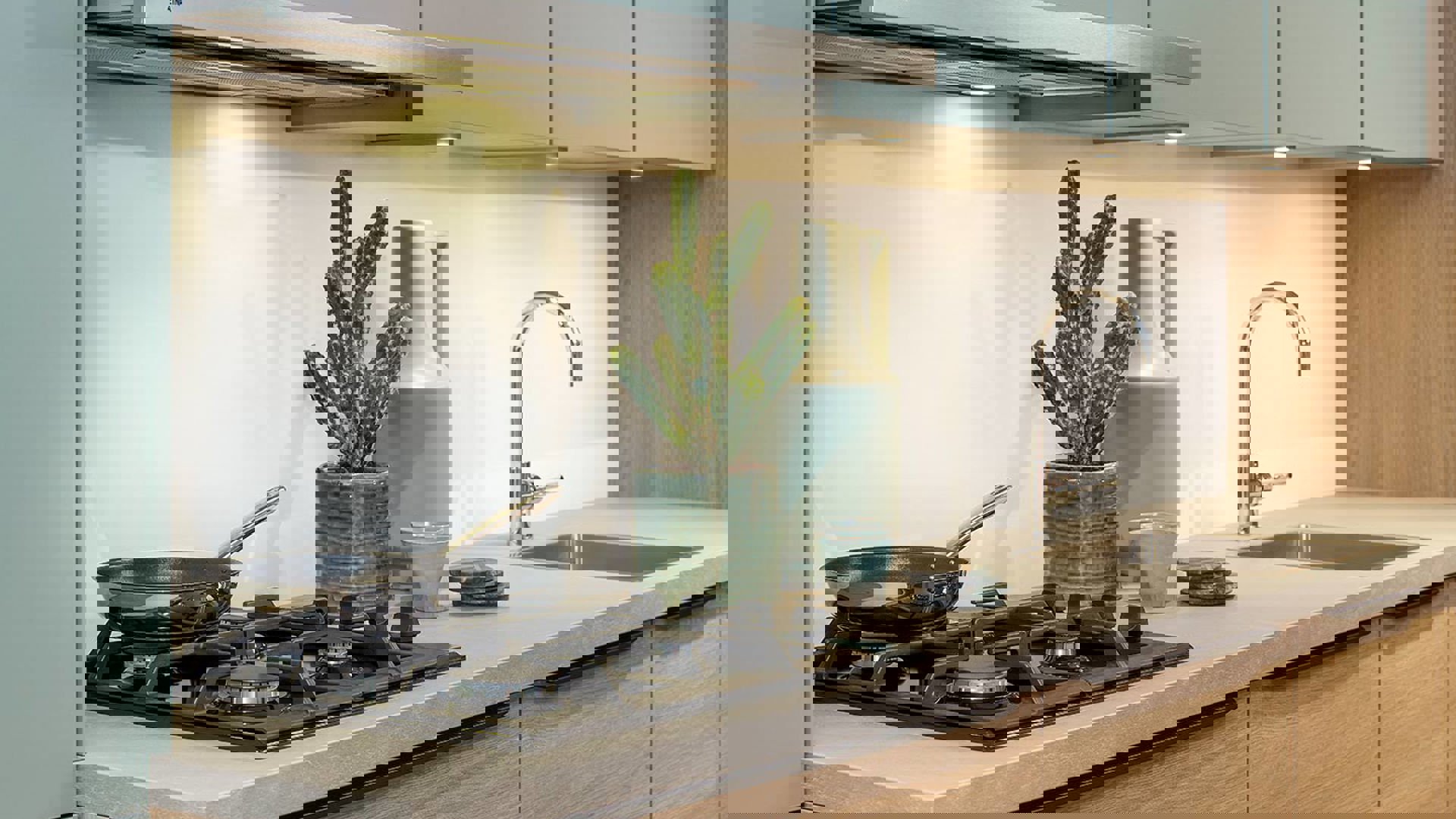 Moderne rechte keuken, kunststof werkblad