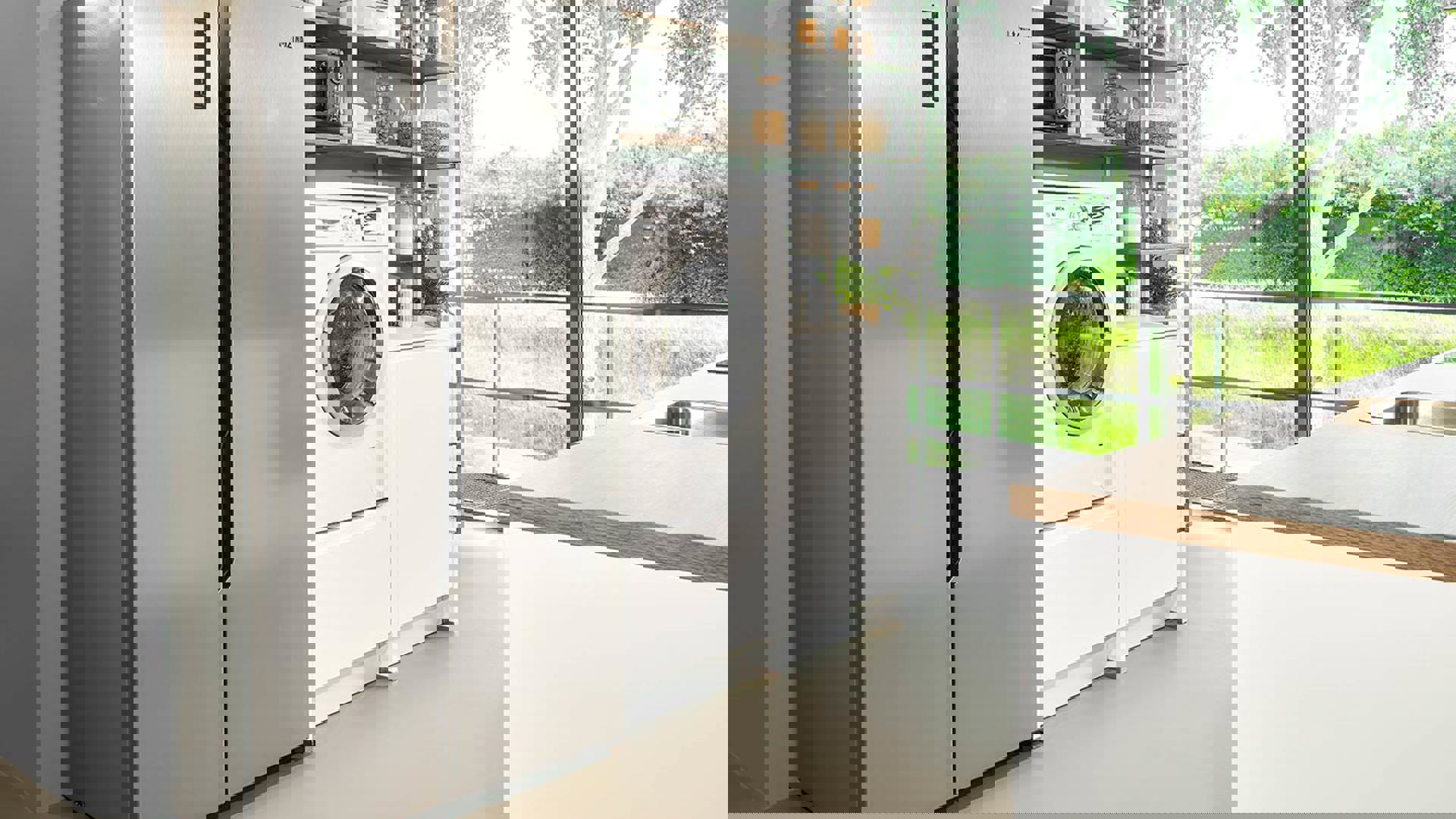 Parallelle keuken, opstelling wasmachine bijkeuken