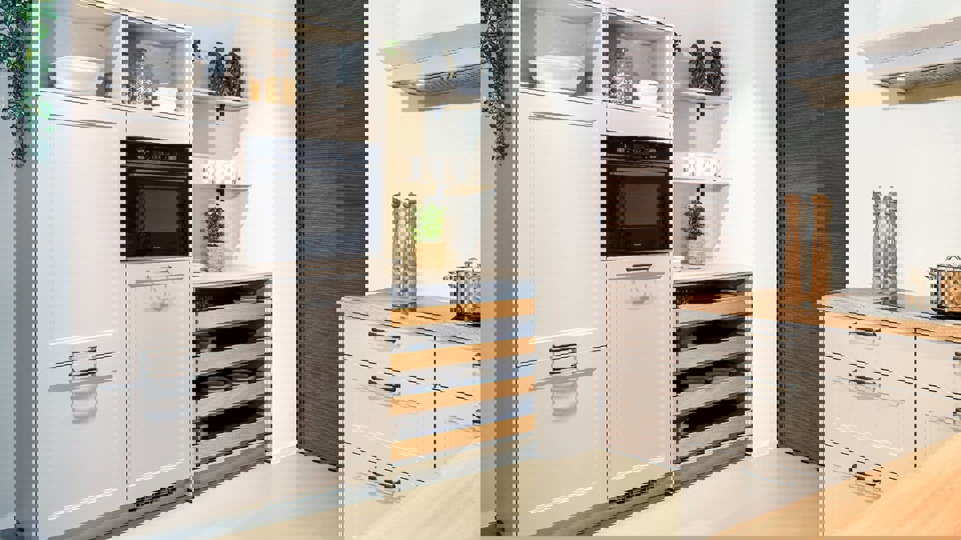 Tijdloze hoekkeuken, kastenwand met oven